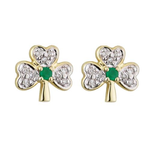14ct Gold Diamond Emerald Shamrock Small Stud Earrings 14ct Gold Diamond Emerald Shamrock Small Stud Earrings