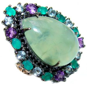 Natural Prehnite Emerald Black Rhodium over .925 Sterling Silver handcrafted Ring s. 8 1/4