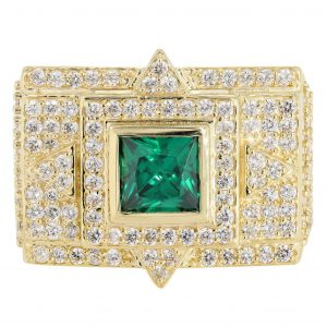Emerald & Cz 10K Yellow Gold Mens Ring. / 13.3 Grams