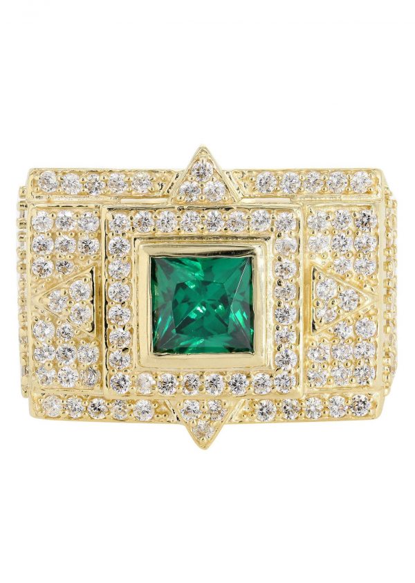 Emerald & Cz 10K Yellow Gold Mens Ring. / 13.3 Grams