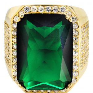 Emerald & Cz 10K Yellow Gold Mens Ring. / 21.1 Grams