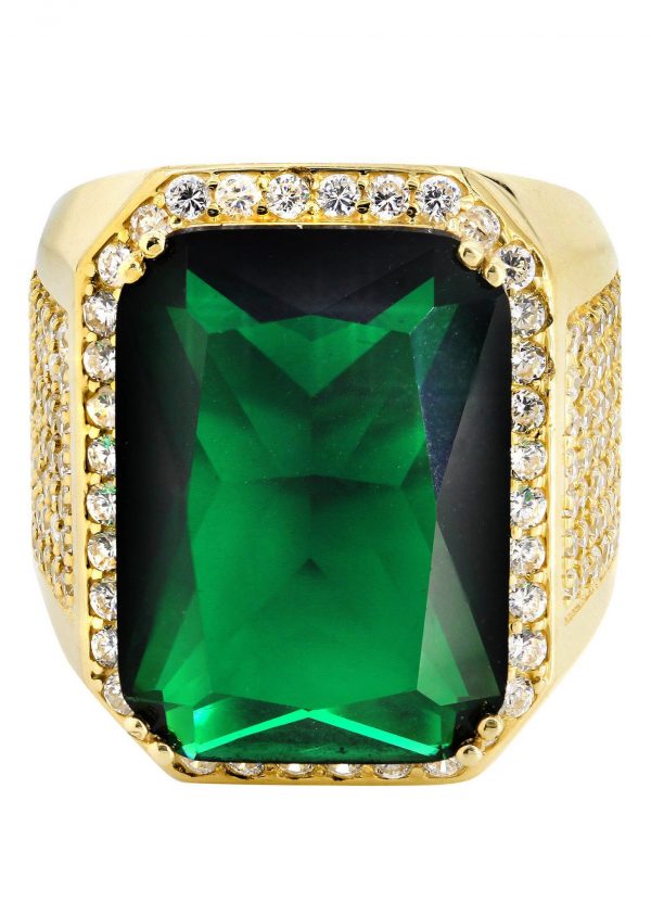 Emerald & Cz 10K Yellow Gold Mens Ring. / 21.1 Grams