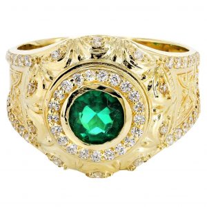 Emerald & Cz 10K Yellow Gold Mens Ring. / 6.6 Grams