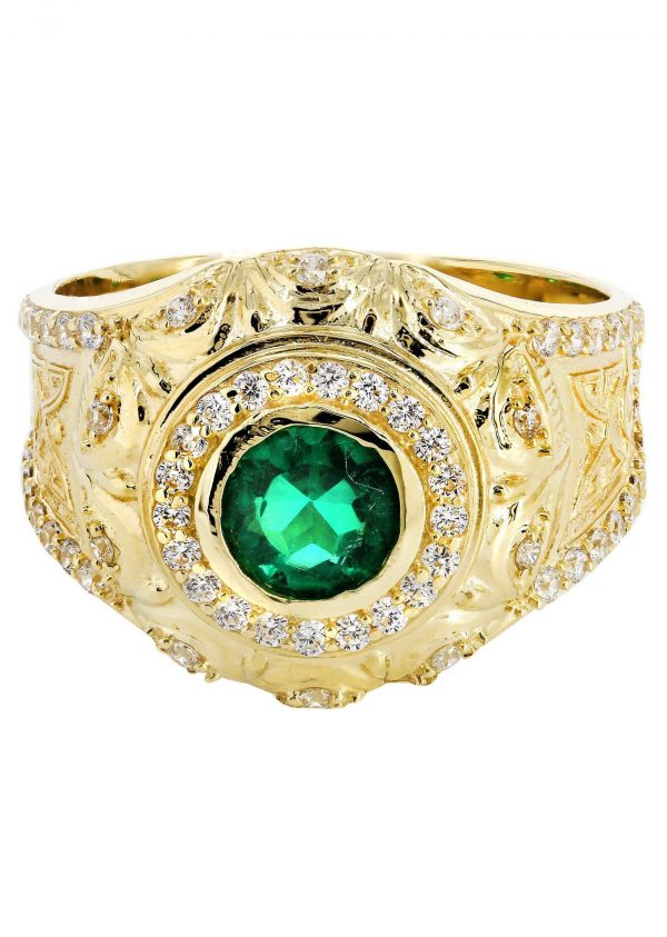 Emerald & Cz 10K Yellow Gold Mens Ring. / 6.6 Grams