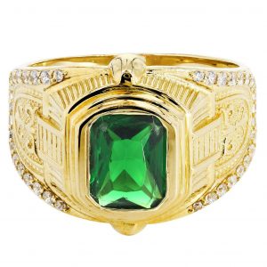 Emerald & Cz 10K Yellow Gold Mens Ring. / 7.2 Grams