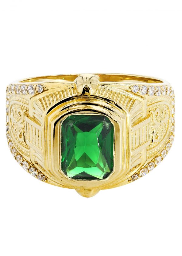 Emerald & Cz 10K Yellow Gold Mens Ring. / 7.2 Grams