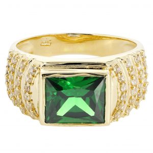 Emerald & Cz 10K Yellow Gold Mens Ring. / 8.1 Grams