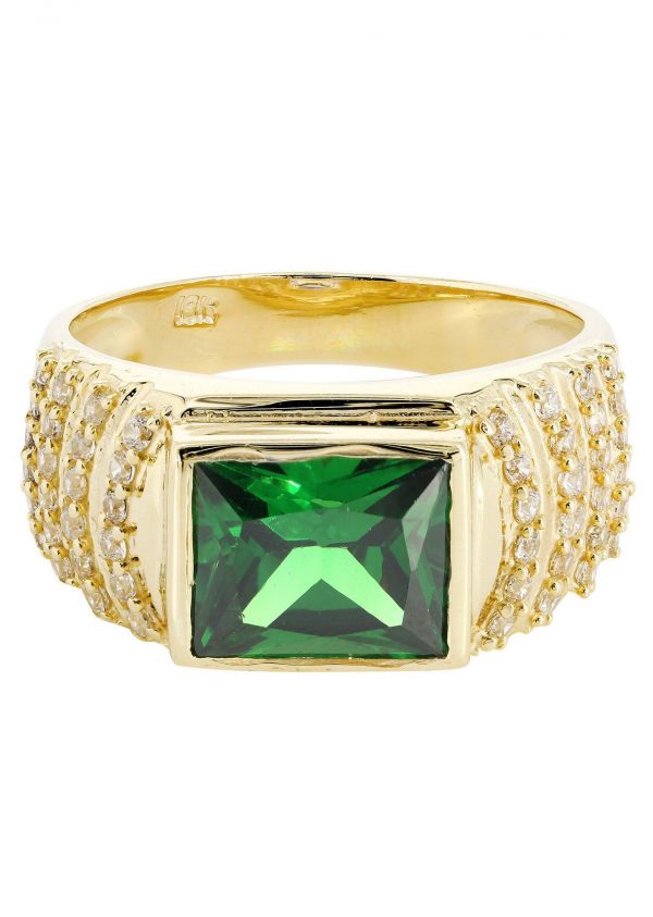 Emerald & Cz 10K Yellow Gold Mens Ring. / 8.1 Grams