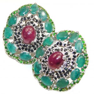 Authentic Ruby Emerald .925 Sterling Silver handmade Large statement earrings