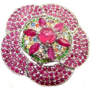 Large genuine Kashmir Ruby Emerald .925 Sterling Silver handmade Pendant - Brooch