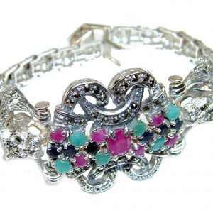 Precious Panthere Ruby Emerald Marcasite .925 Sterling Silver Bracelet