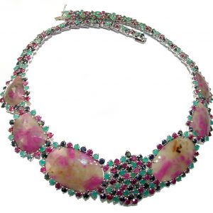 Alexandria HUGE authentic Kashmir Ruby Emerald Sapphire .925 Sterling Silver handcrafted necklace