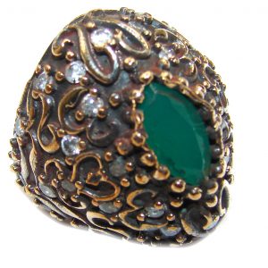 Victorian Style created Emerald & White Topaz Copper over Sterling Silver ring; s. 4 3/4