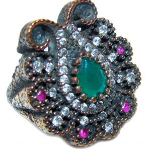 Victorian Style created Emerald & White Topaz Copper over Sterling Silver ring; s. 5 1/4