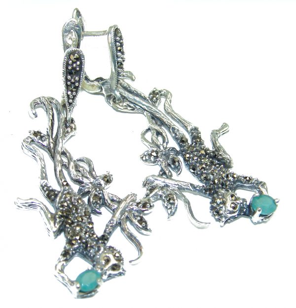 Monkey Marcasite Emerald .925 Sterling Silver handmade Earrings
