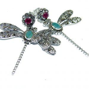 Spectacular Dragonfly Ruby Emerald .925 Sterling Silver handcrafted stud earrings