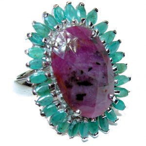 Victorian Style Ruby Emerald .925 Sterling Silver handcrafted ring; s. 9