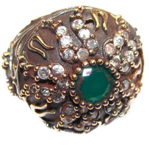 Victorian Style created Emerald & White Topaz Sterling Silver Ring s. 5 1/4